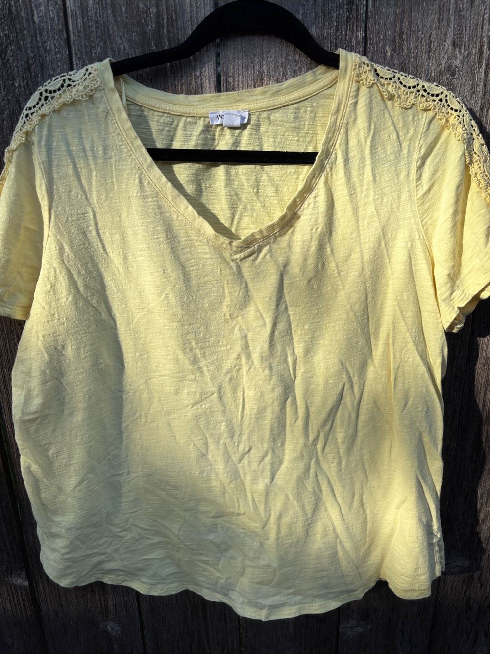 Westport Short Sleeve V-Neck Tee with Lace Shoulders - Light Yellow